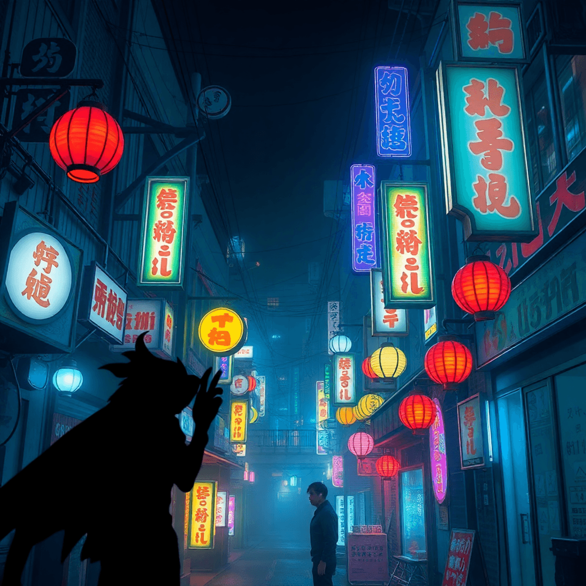 Nighttime Japanese entertainment district with colorful neon lanterns, traditional signs, and shadowy demon silhouettes in the background.