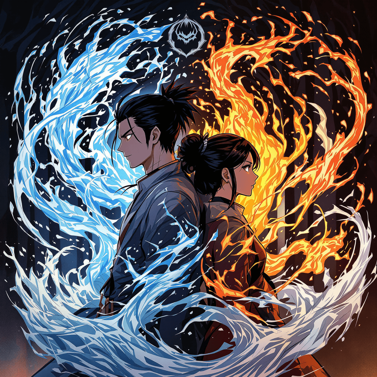 Tanjiro and Nezuko Kamado back-to-back with swirling water and flames, dark forest background, subtle demon silhouettes, anime-style illustration.