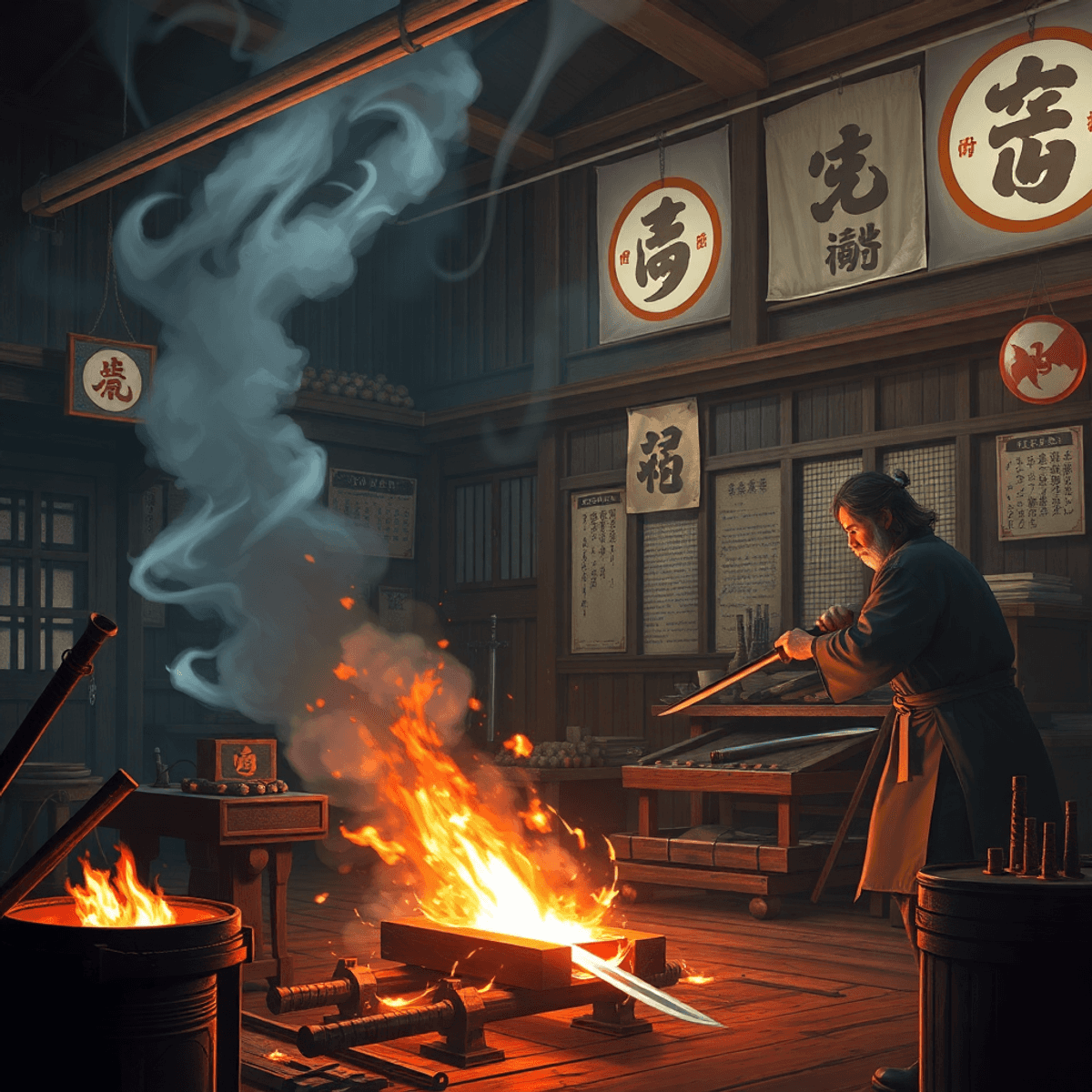 A traditional Japanese swordsmith workshop with glowing swords, mystical energy, and subtle demon slayer symbols, showcasing intense craftsmanship.