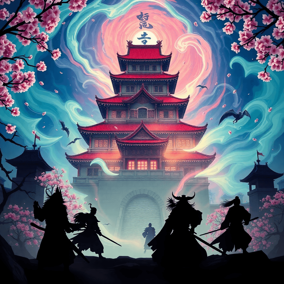 A stylized Japanese castle surrounded by swirling mystical energy and cherry blossoms, with silhouettes of demon slayers poised for battle in a dramatic scene.
