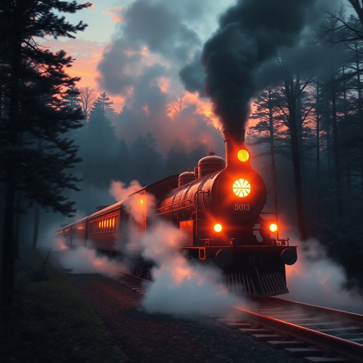 A traditional Japanese steam train speeds through a misty forest at dusk, surrounded by vibrant flames and mystical smoke in a dramatic, realistic anime style.
