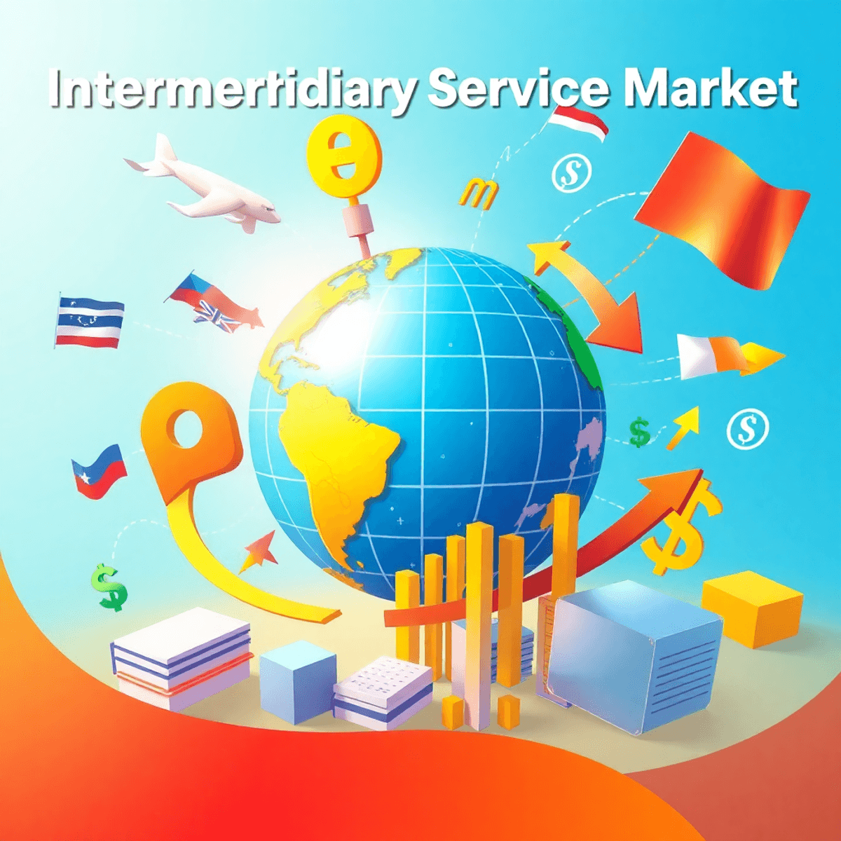 A vibrant image showcasing global trade with a globe, financial charts, and currency symbols, interconnected by arrows, symbolizing growth and collaboration in commerce.