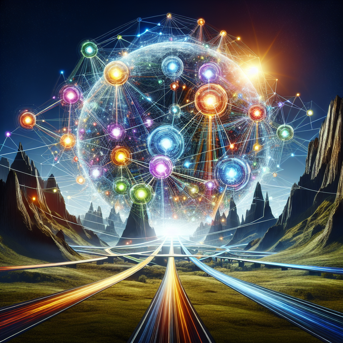 A network of interconnected globe-like structures with multicolored rays of light connecting them, leading to tall mountains with roads guiding towards them.