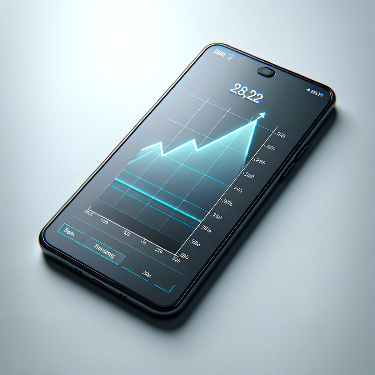 A sleek smartphone with a rising stock market graph on its screen, set against a simple and clean background.