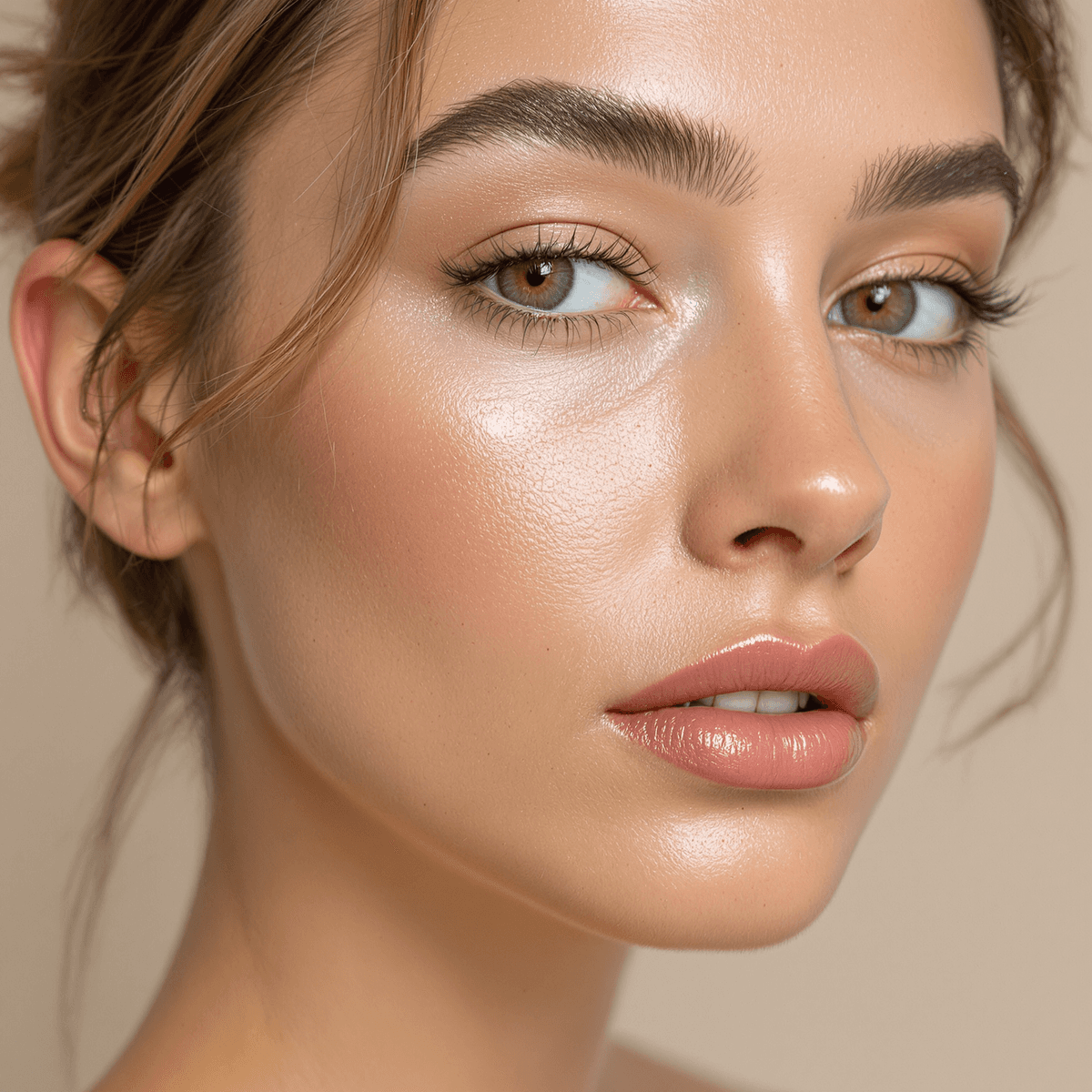 Close-up of a young woman with dewy skin, minimalist makeup, groomed fluffy brows, subtle blush, and glossy lips against a soft neutral background.