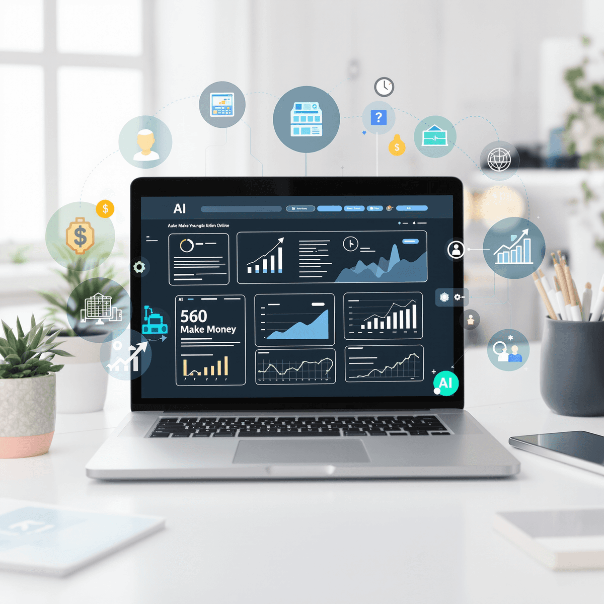 Modern workspace with laptop showing AI graphs, surrounded by digital icons of automation, online business, and AI technology.