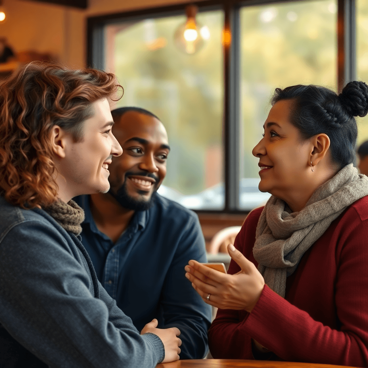 Two individuals engaged in a deep conversation, displaying expressions of understanding and connection, set in a cozy café with warm lighting and inviting decor.