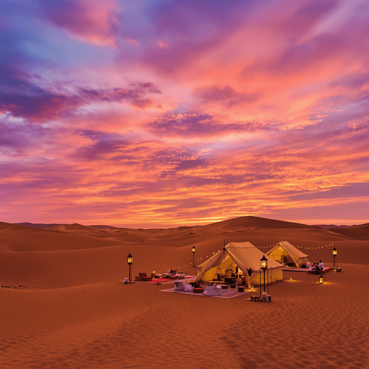 Luxurious desert camp with plush tents and lanterns on golden dunes under a vibrant sunset in the Sahara Desert.