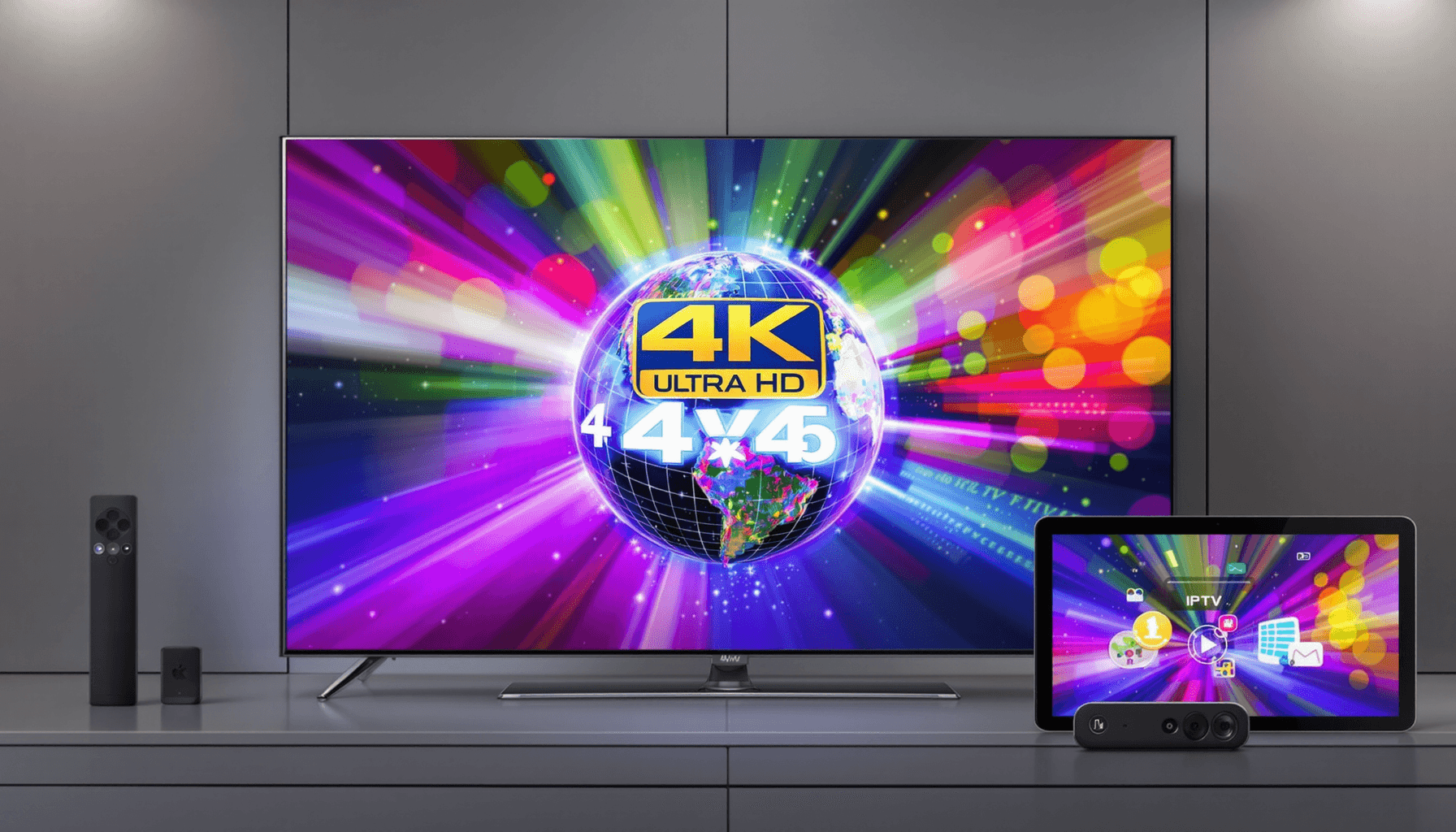 Digital screen showing 4K Ultra HD logo with streaming icons and globe, surrounded by smart TV, tablet, and smartphone on a sleek modern background.