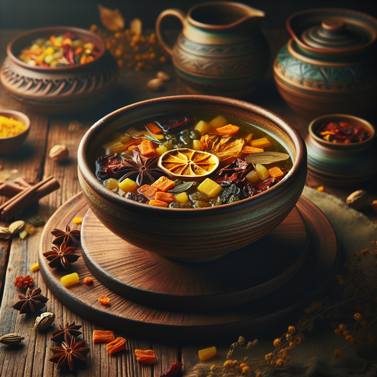 Steaming vegetable soup in ceramic bowl on rustic wooden table