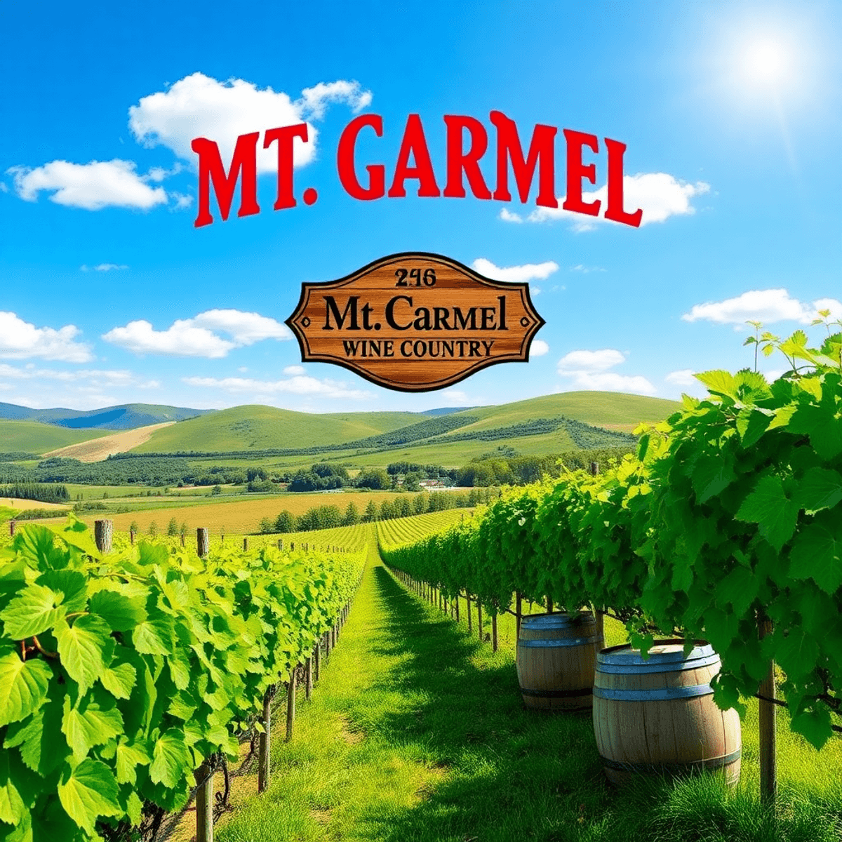 A scenic vineyard in Pennsylvania's Coal Region with lush grapevines, rolling hills, wooden wine barrels, and a rustic sign reading "Mt. Carmel Wine Country" under a blue sky.
