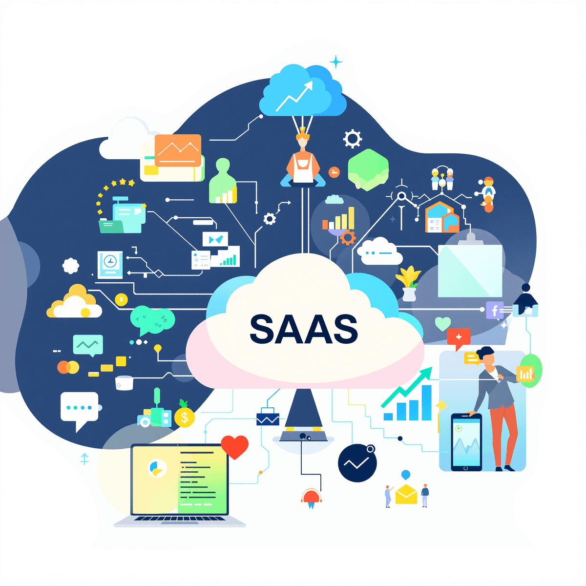 A modern illustration of a cloud symbol surrounded by laptops and smartphones, with abstract graphs indicating growth, in a vibrant blue and green color palette.