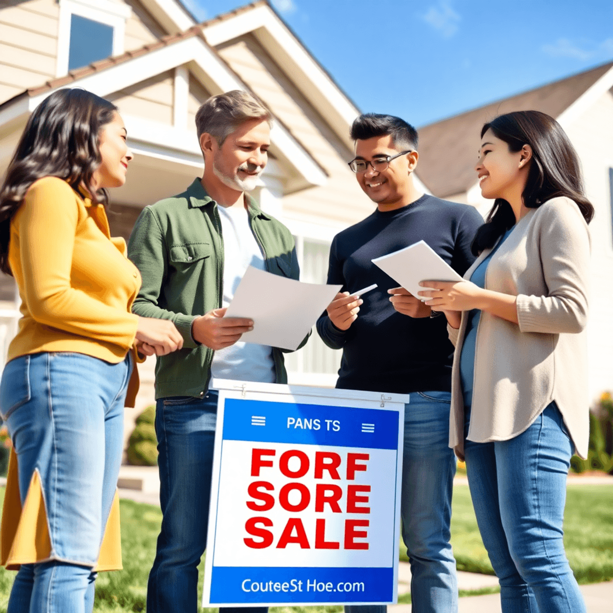 A group of homebuyers stands in front of a house with a "For Sale" sign, discussing mortgage options while holding paperwork, under a clear blue sky.