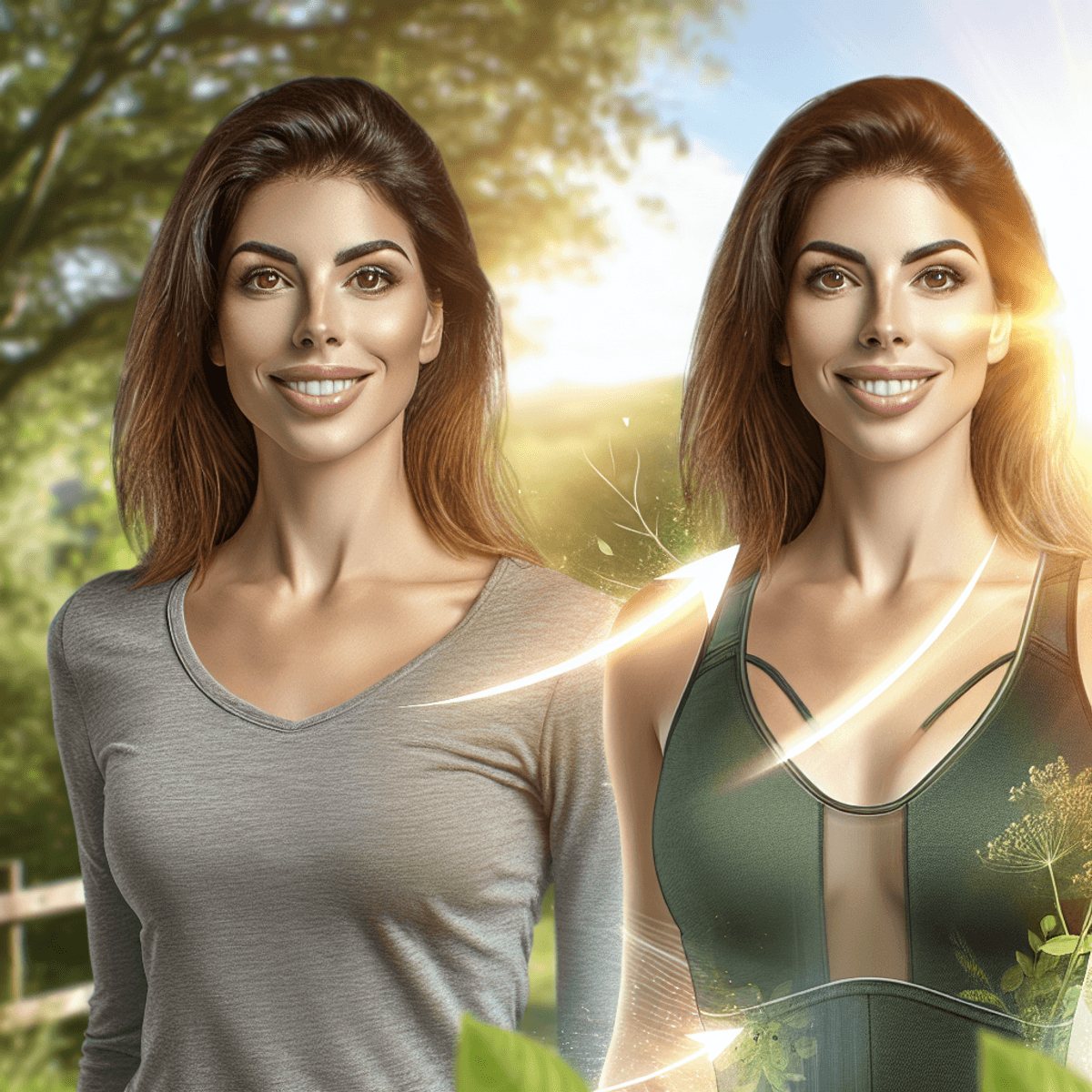 A confident woman with brown hair smiles brightly while standing in a sunlit outdoor setting, dressed in casual yet chic sportswear. She radiates positive energy, surrounded by lush greenery and warm sunlight, embodying wellness and transformation.