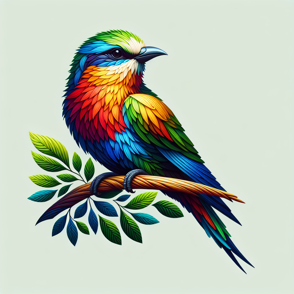 A multicolored bird with vibrant plumage perched on a lush green tree branch.