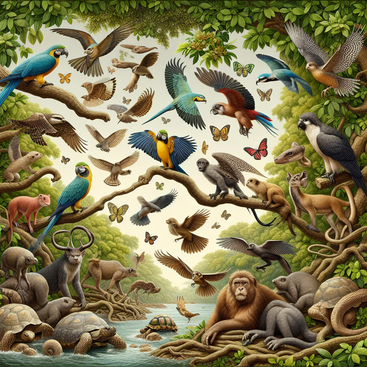 A group of animals including birds, mammals, and reptiles coexisting in a natural environment.