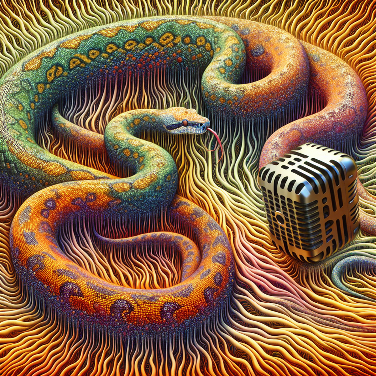 A coiled python snake intertwined with a microphone, symbolizing the intersection of Python programming and bioacoustics.