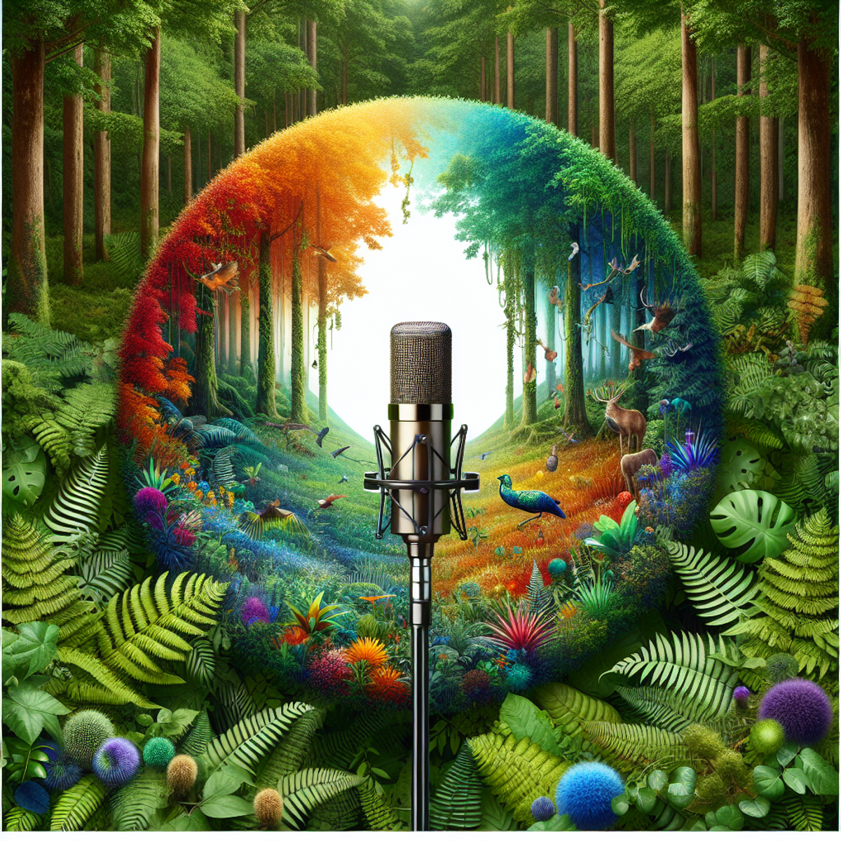 A professional microphone hidden among vibrant forest foliage.