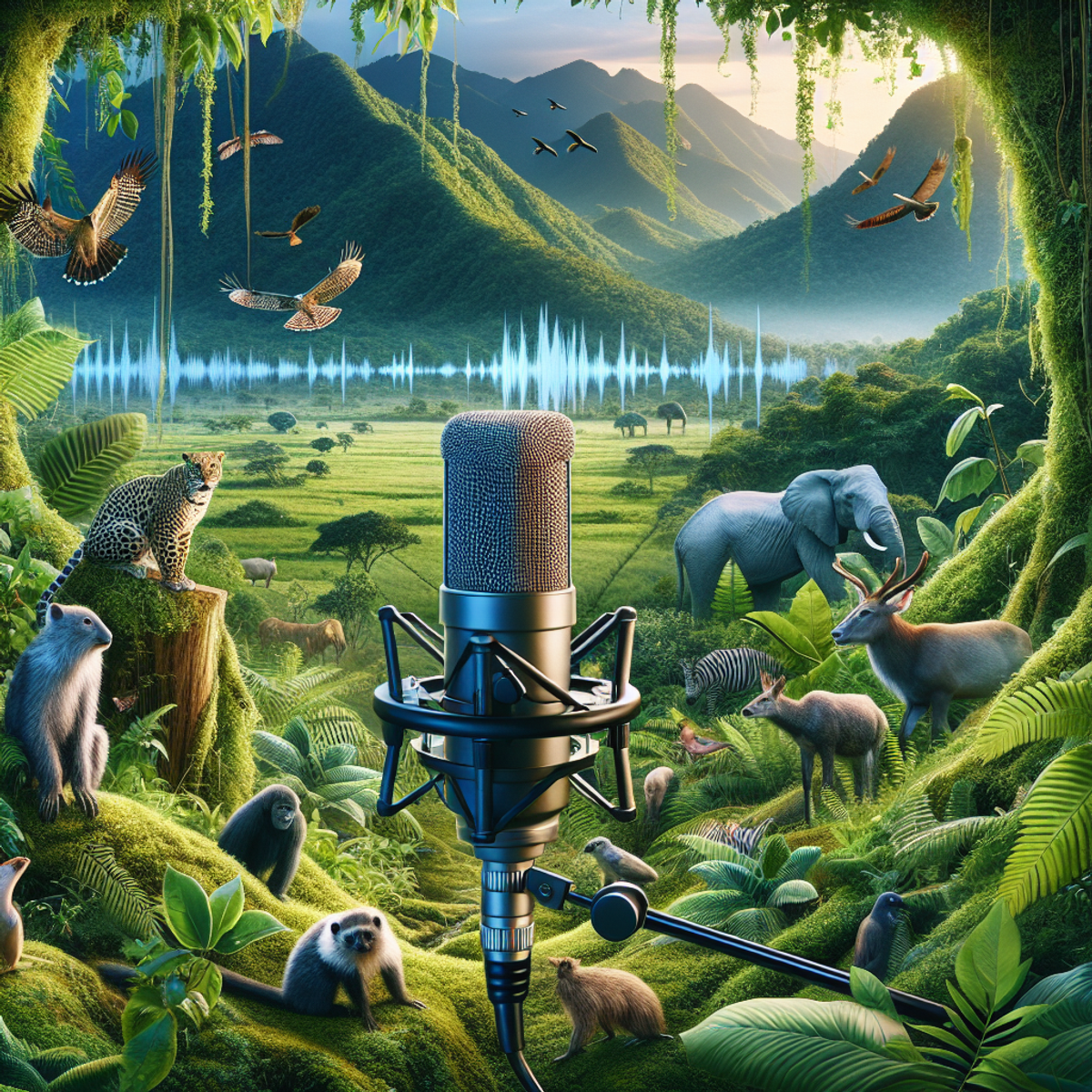 A microphone nestled among vibrant green foliage, capturing the harmonious coexistence of diverse wildlife in a lush ecosystem.