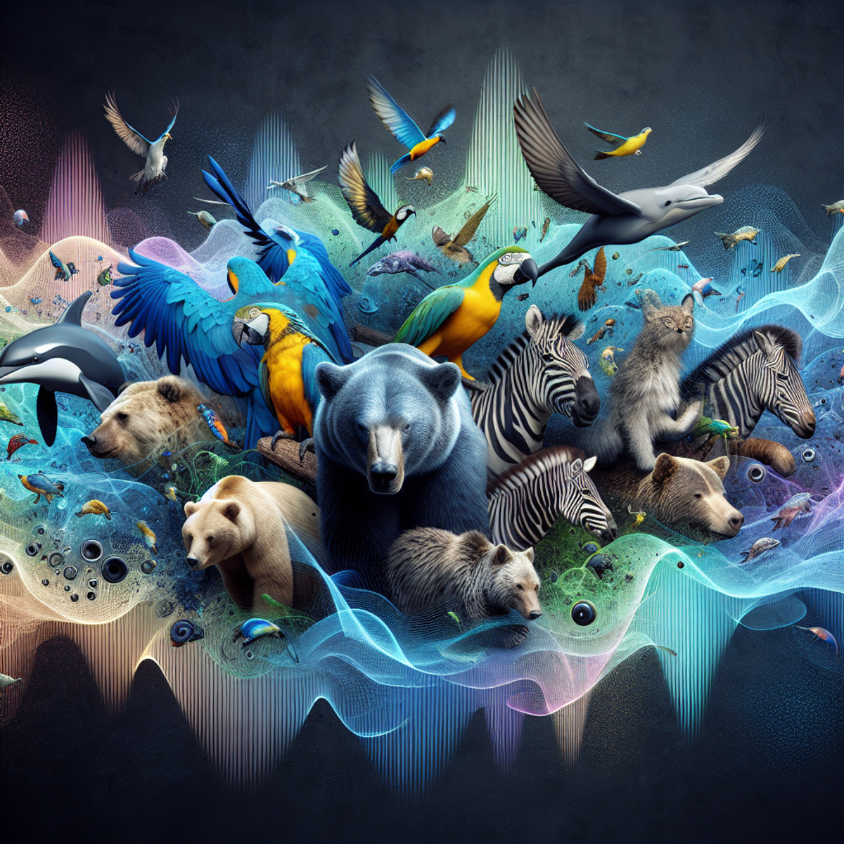 A blue parrot, a brown bear, a yellow canary, a grey dolphin, and a black and white zebra surrounded by vibrant sound waves of various colors.