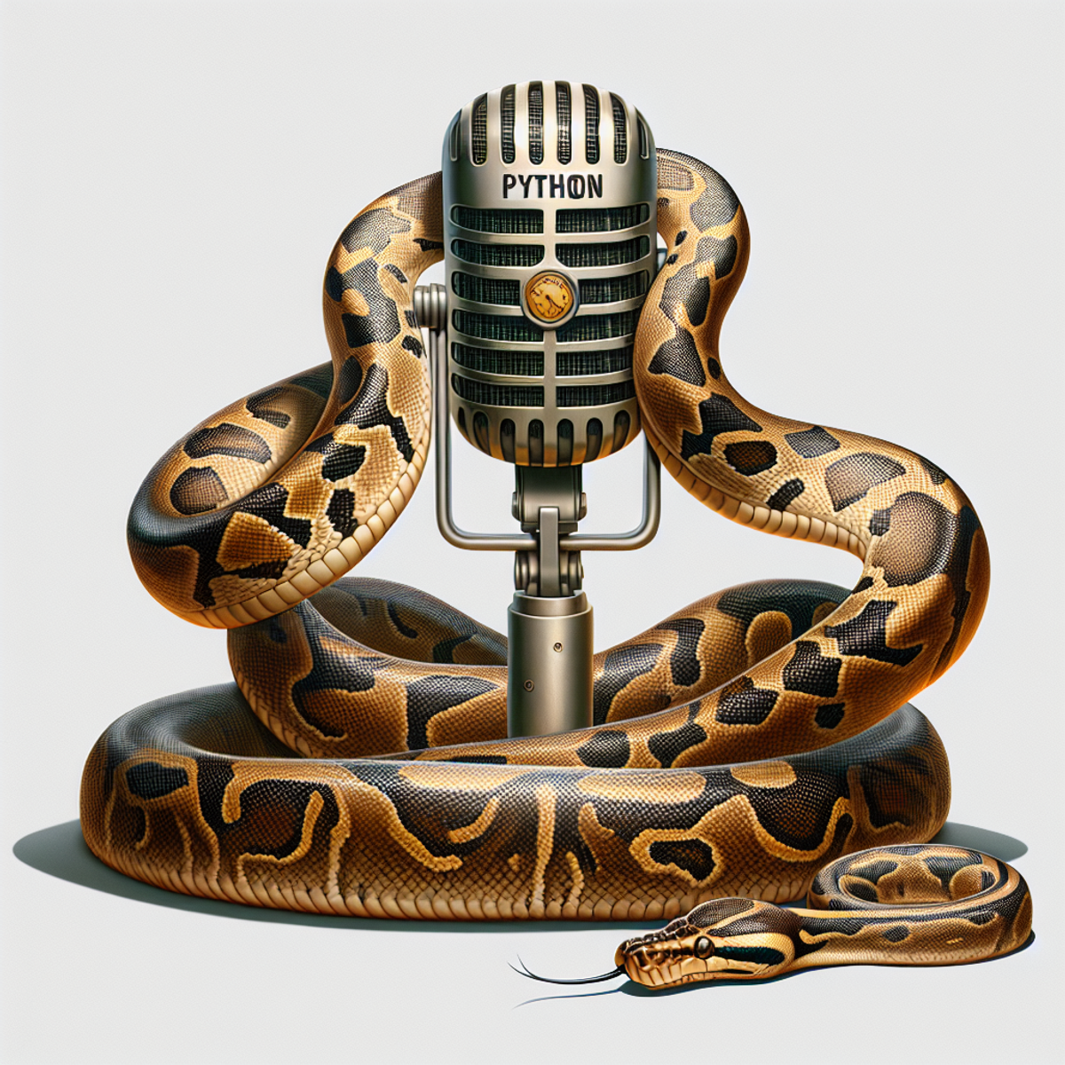 A python snake gracefully coils around a classic microphone, symbolizing the intersection of Python programming and wildlife bioacoustics.