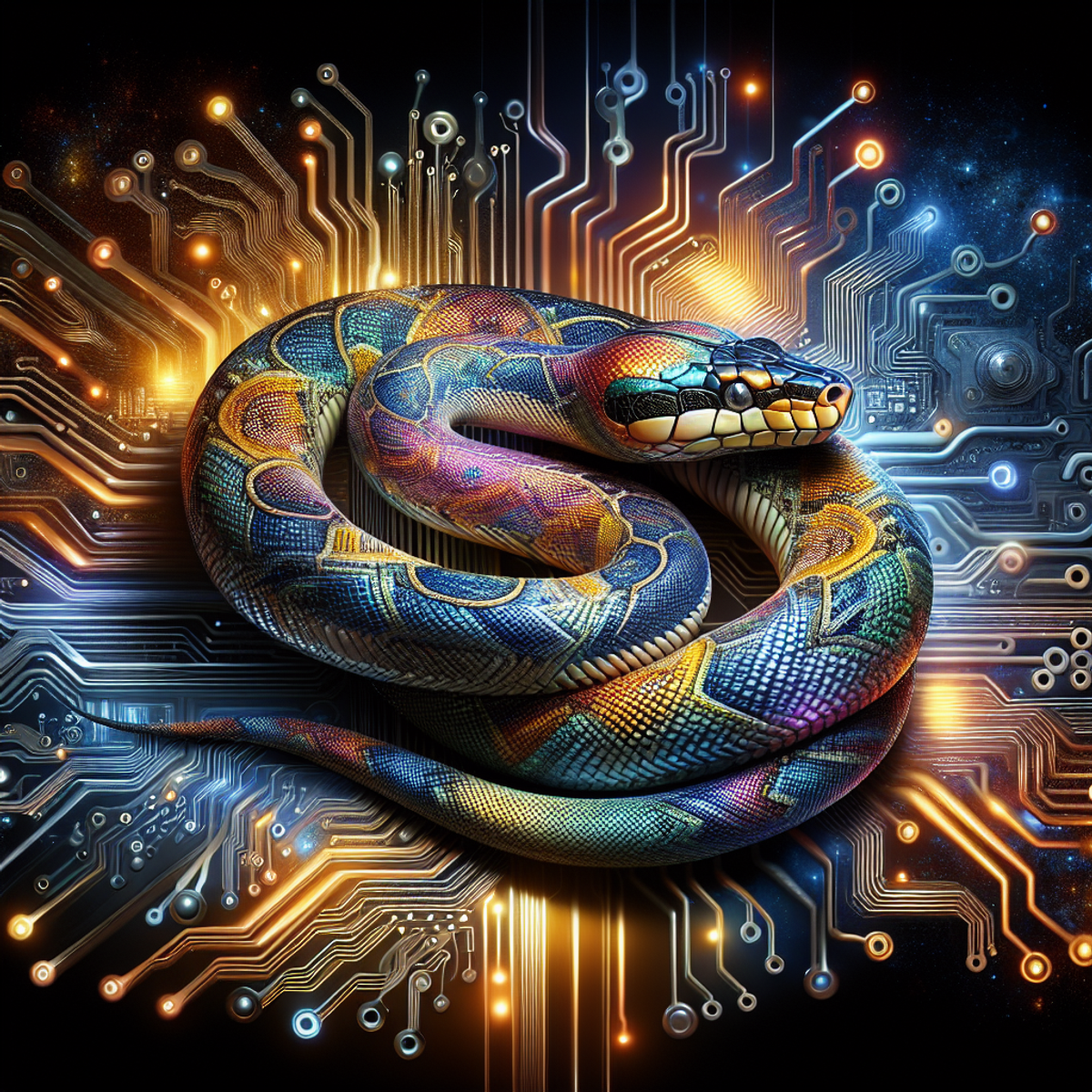 A python snake intertwines with futuristic electronic circuits to symbolize the connection between programming and hardware.