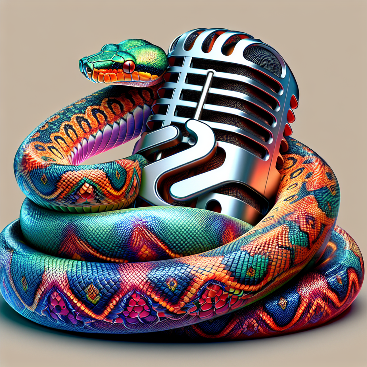 A python snake wrapped around a microphone.