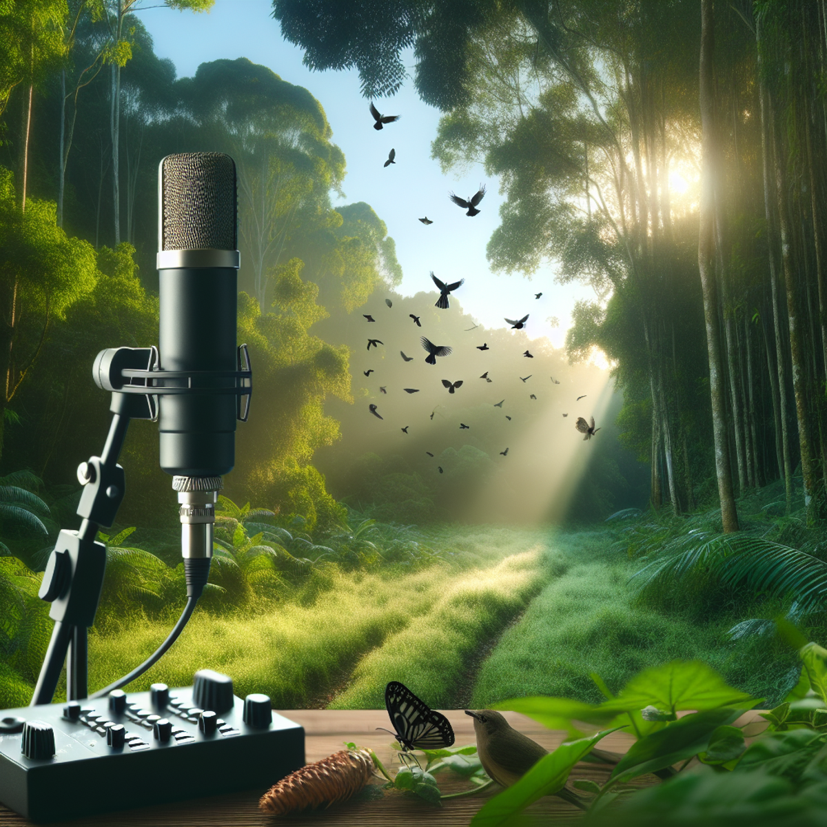 A professional-looking microphone on a stand is placed in the lush, verdant forest, with soft morning light illuminating the scene. Surrounding the microphone are subtle traces of animals' presence, such as bird feathers, animal footprints, and a nearby butterfly, hinting at the sounds it captures.