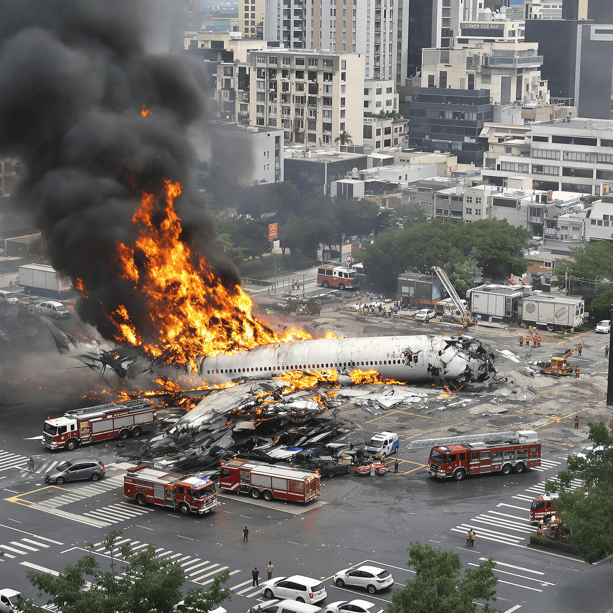 शहर में दिन के समय अग्निशामक और दमकल गाड़ियों के साथ सक्रिय रूप से प्रतिक्रिया देते हुए जलती हुई विमान दुर्घटनाग्रस्त हिस्सों।