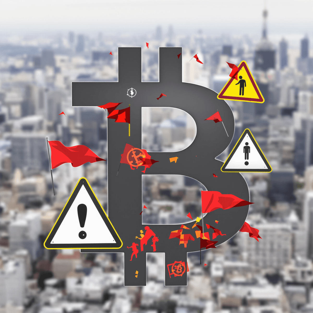 A digital currency symbol surrounded by warning signs and red flags, set against a blurred city skyline, highlighting the risks of cryptocurrency investments.