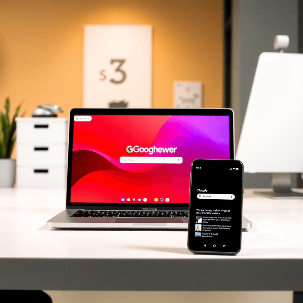 A laptop and smartphone on a sleek desk, both showing the Google Chrome interface, with a bright, modern workspace in the background, symbolizing connectivity and productivity.
