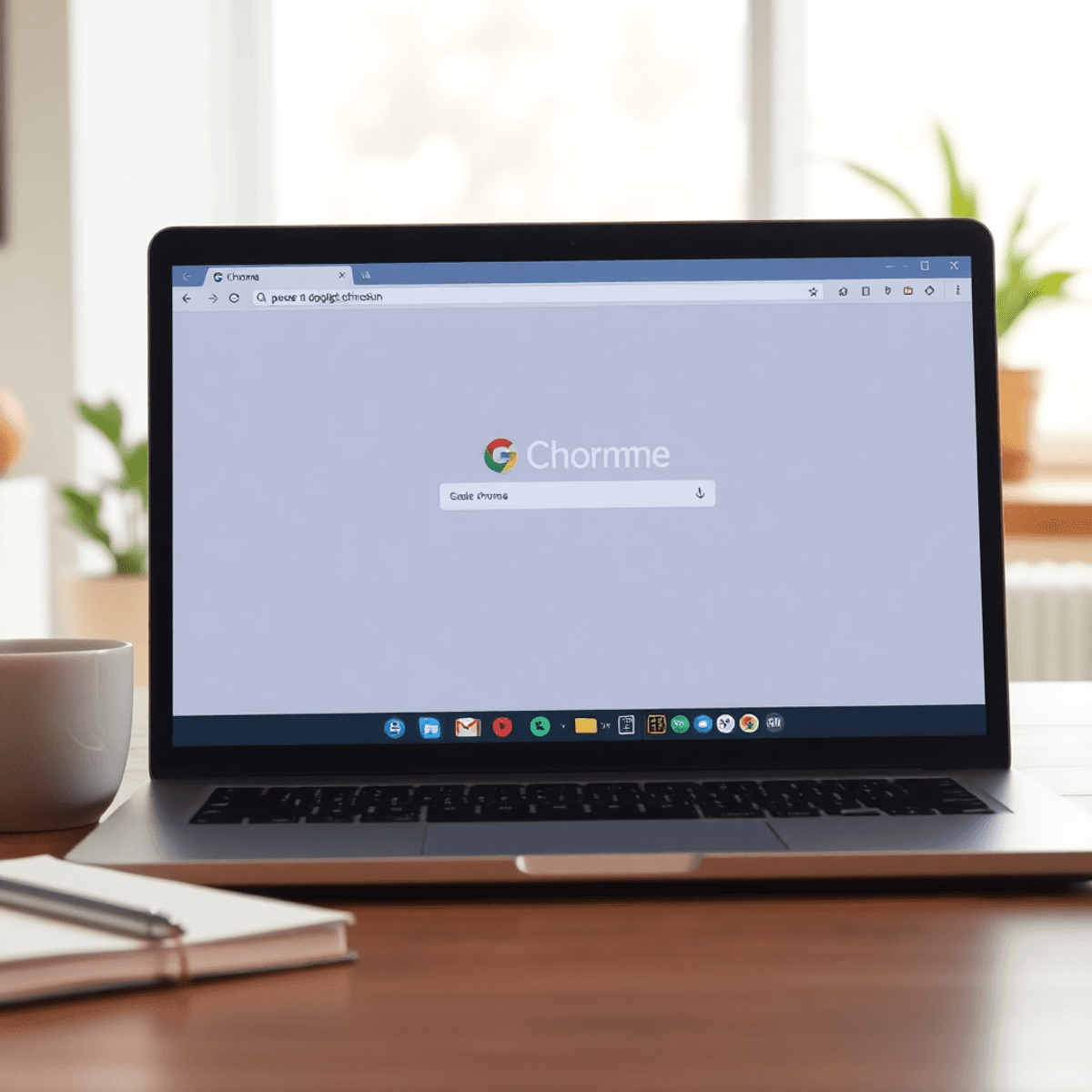 google chrome working A modern laptop with the Google Chrome browser open, set in a bright workspace with a coffee cup and notepad, emphasizing productivity and efficiency.