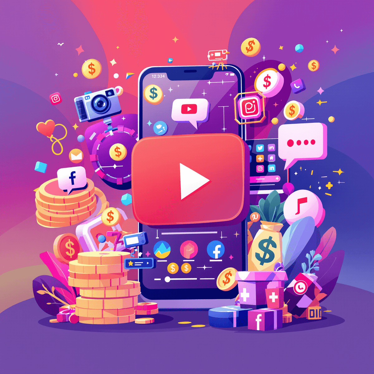صورة توضيحية حيوية تصف كيفية كسب المال على يوتيوب في عام 2024، تتضمن كاميرا، زر تشغيل الفيديو، علامات الدولار، هاتف ذكي، وأيقونات وسائل التواصل الاجتماعي على خلفية ملونة.