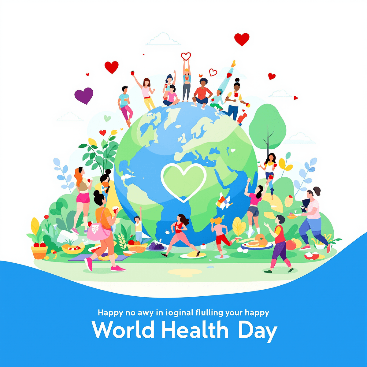 People jogging, doing yoga, and eating fruits outdoors with a globe and heart health icon in the background, symbolizing global unity and wellness.