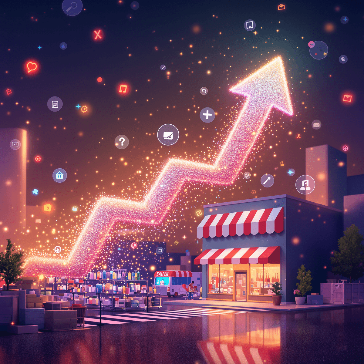 From Zero to 6 Figures: How Our Amazon SEO Strategy Turned a Struggling Store Into a Bestseller 3 A glowing digital arrow rises from a busy market to a bright storefront, surrounded by icons of online shopping in warm, uplifting tones.