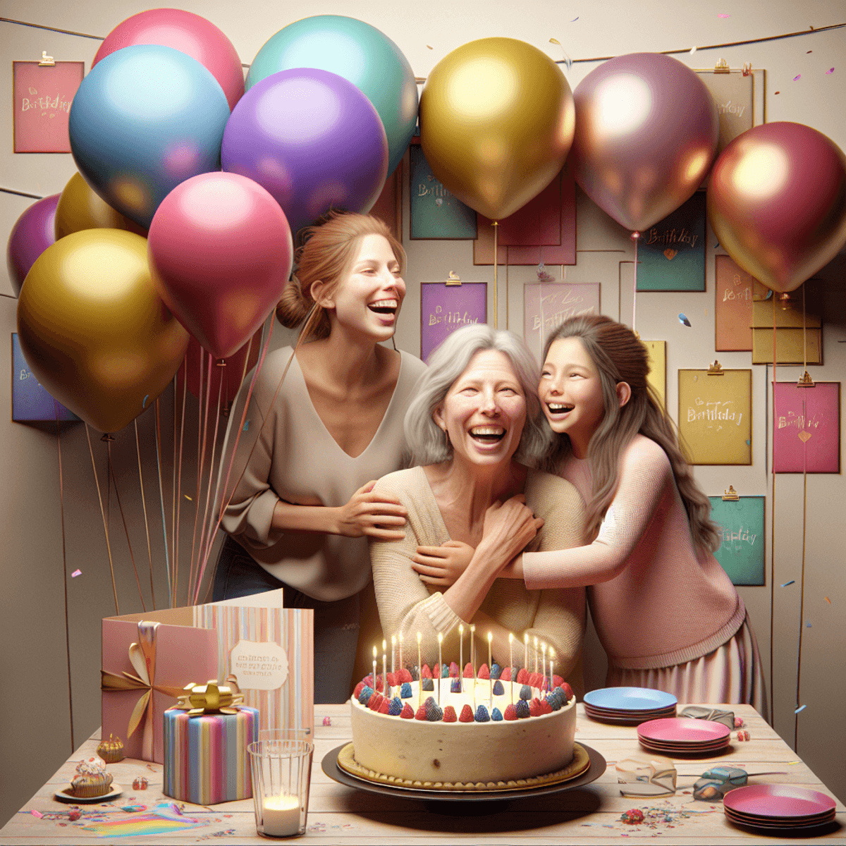 Eine kaukasische Mutter und ihre hispanische Tochter teilen einen freudigen Moment während einer Geburtstagsfeier, umgeben von bunten Luftballons und einer einladenden Geburtstagstorte. Im Hintergrund befinden sich dekorative Karten, die sentimentale Gefühle hervorrufen und die warme und liebevolle Atmosphäre der Szene verstärken.
