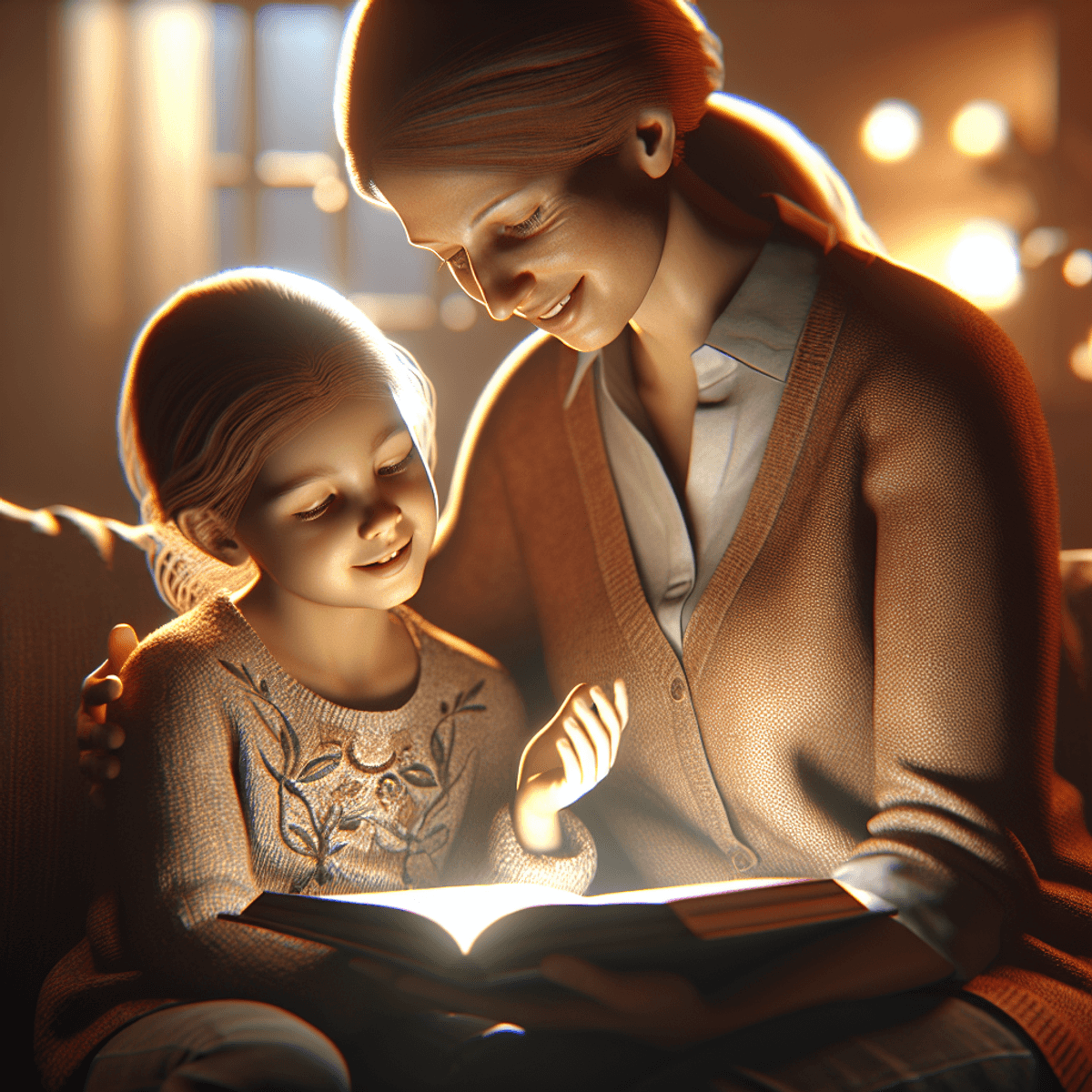 Eine fürsorgliche kaukasische Mutter und ihre Tochter sitzen gemeinsam in einer gemütlichen Umgebung, beleuchtet von warmem, weichem Licht. Die Mutter hält ein geöffnetes Buch und teilt mit sanftem Lächeln ihr Wissen. Die Tochter schaut bewundernd zu ihrer Mutter auf, ihr Ausdruck ist voller Freude und Aufmerksamkeit, während sie das geteilte Wissen aufnimmt. Ihre enge Bindung ist in diesem intimen Moment der Verbundenheit und Liebe spürbar.