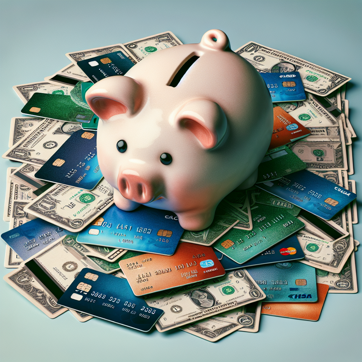 A ceramic piggy bank surrounded by scattered credit cards and dollar bills.
