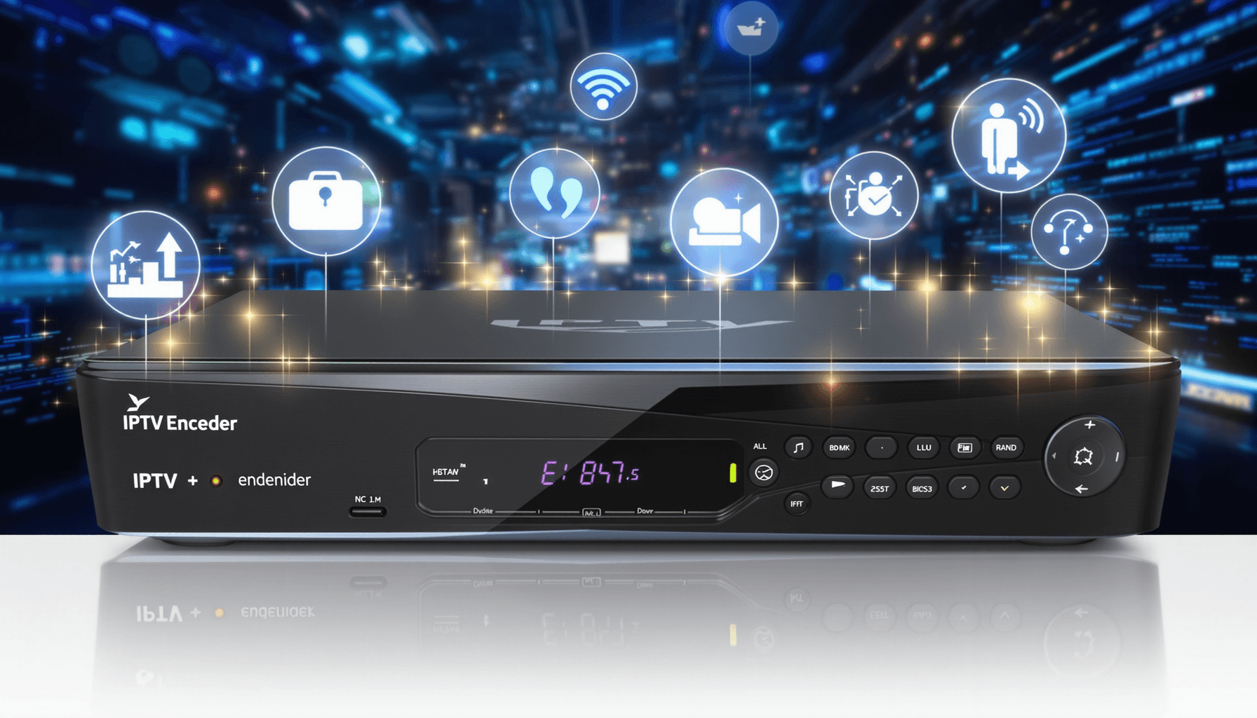 Best IPTV Encoder Encoders 2025 – & Streaming Tools 1 A sleek IPTV encoder device with glowing streaming icons and network symbols on a futuristic background.
