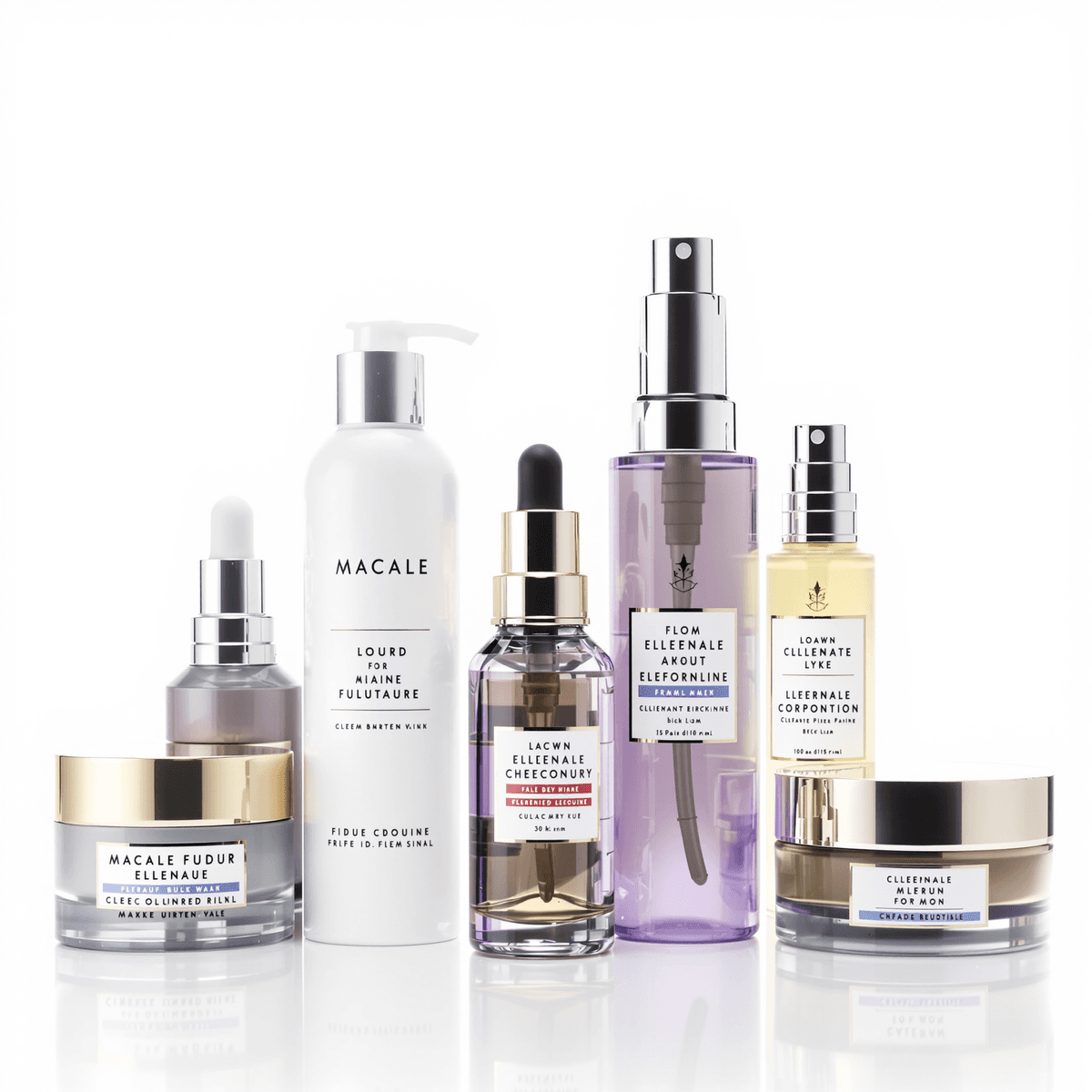 Sleek modern beauty product display with elegant skincare bottles and cosmetic containers on a clean white background.