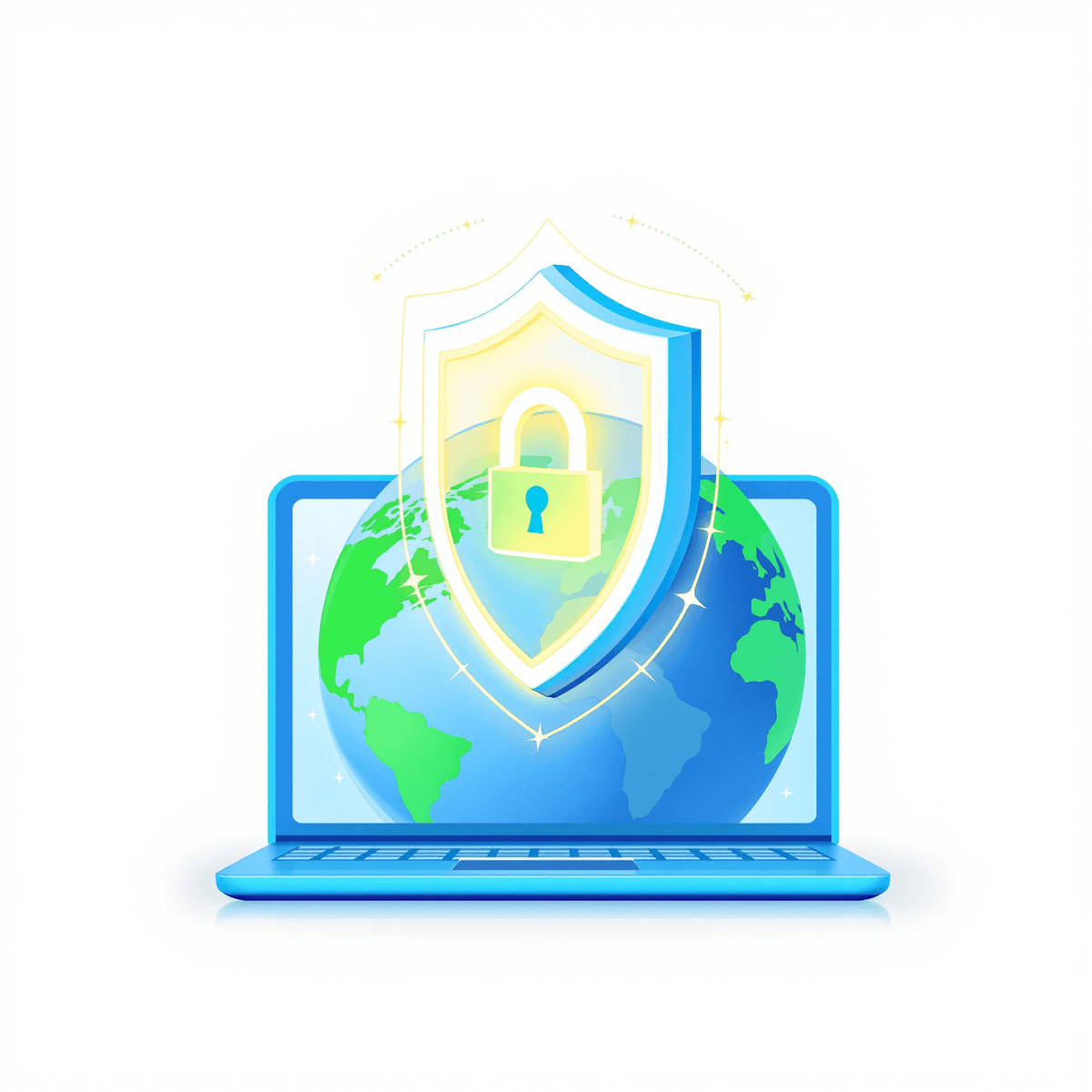 Ikon server proxy yang bersinar melindungi laptop dan globe, melambangkan koneksi internet yang aman dan perlindungan data dalam nuansa biru dan hijau.