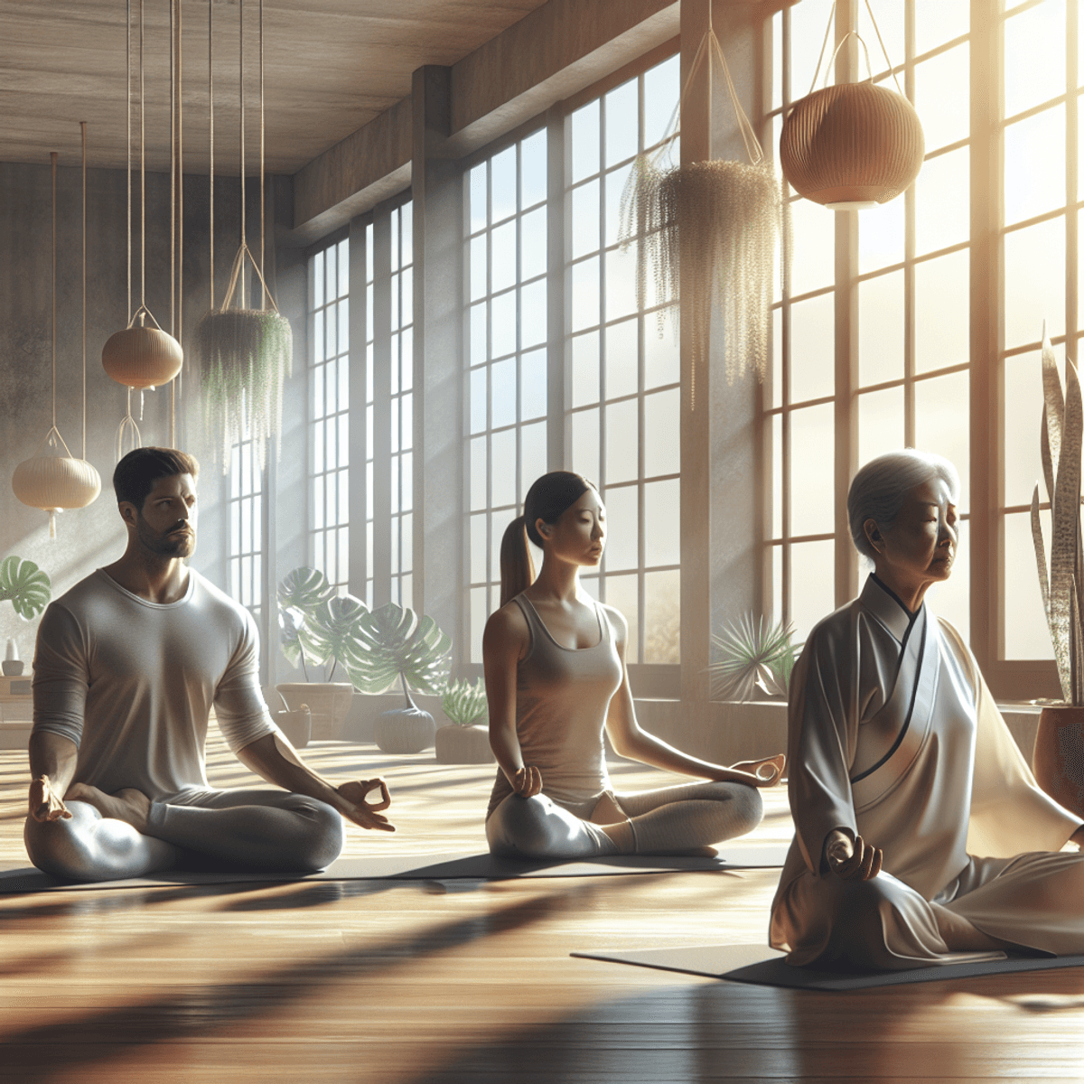 Ayurvedic Treatment for Epilepsy 4 A serene wellness center featuring a Caucasian man in a focused yoga pose, an Asian woman sitting cross-legged in meditation, and a Hispanic elder gracefully performing Tai Chi. The space is filled with hanging plants and warm sunlight streaming through large glass windows, creating a calming atmosphere enhanced by minimalist decor that promotes healing and tranquility.