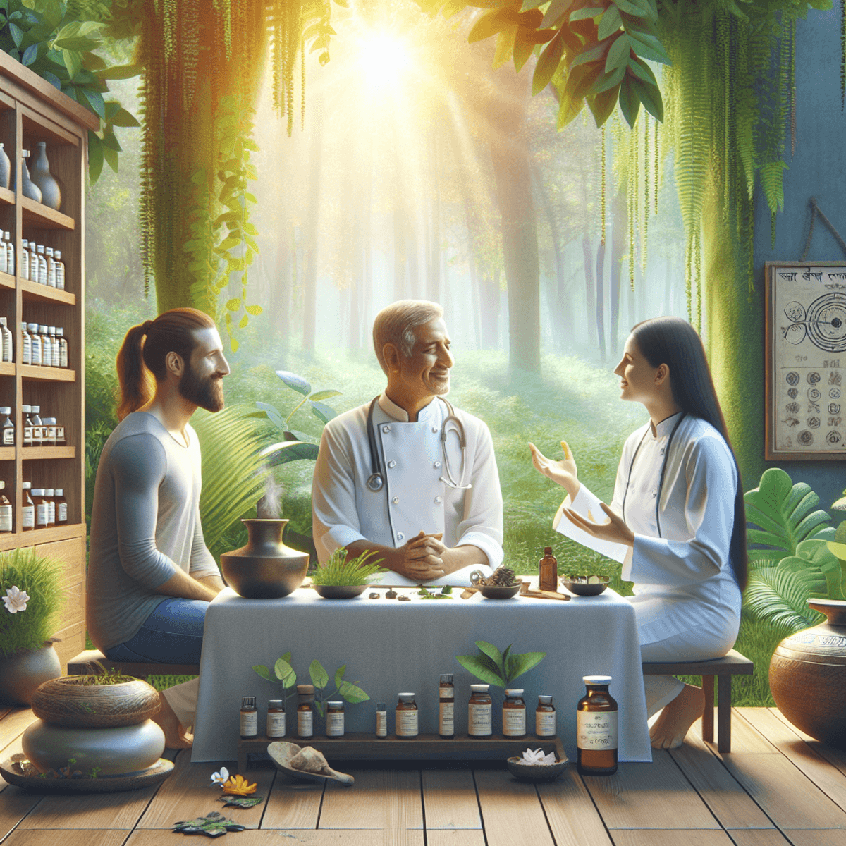 Ayurvedic Treatment for Epilepsy 3 A serene Ayurvedic clinic nestled in lush greenery, with a Hispanic navigator and a Caucasian chef engaged in conversation with an Ayurvedic practitioner. The table in front of them is adorned with various herbal remedies, surrounded by warm natural light filtering through the leaves, creating a tranquil atmosphere that embodies healing and wellness.
