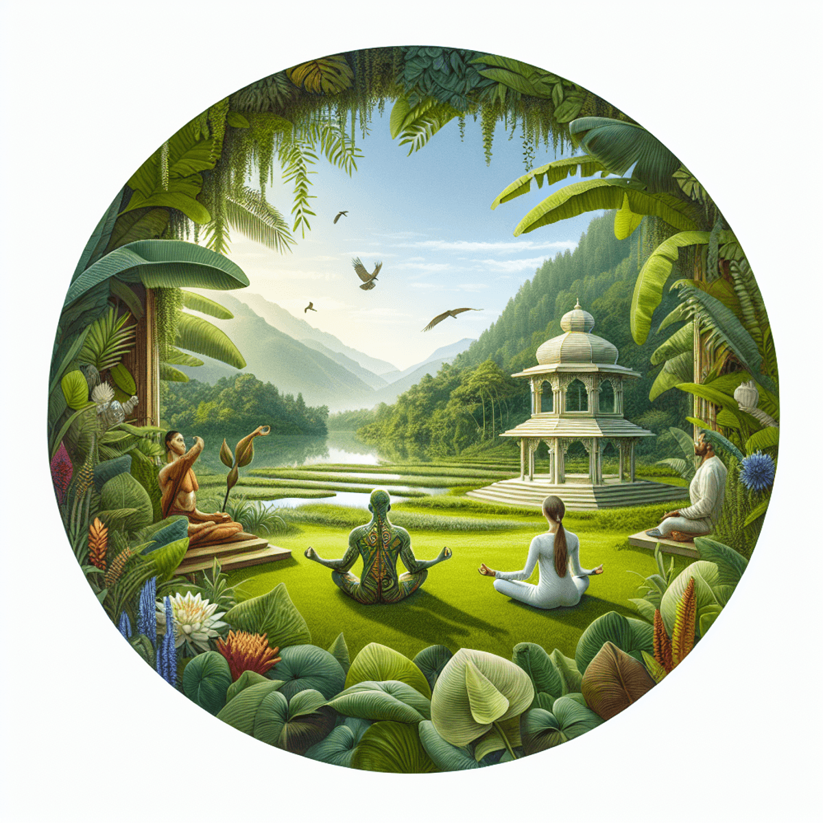 Ayurvedic Treatment for Epilepsy 2 A serene Ayurvedic healing center surrounded by lush greenery, featuring a Caucasian woman and a Hispanic man practicing yoga and meditation, embodying harmony and balanced health routines in a realistic depiction of nature's beauty.