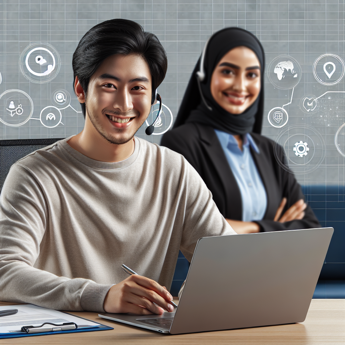 Asian male confidently filling out an online form on a laptop with diverse unspecific symbols on the screen, with a Middle Eastern female customer service representative in the background, smiling and portraying a welcoming atmosphere.