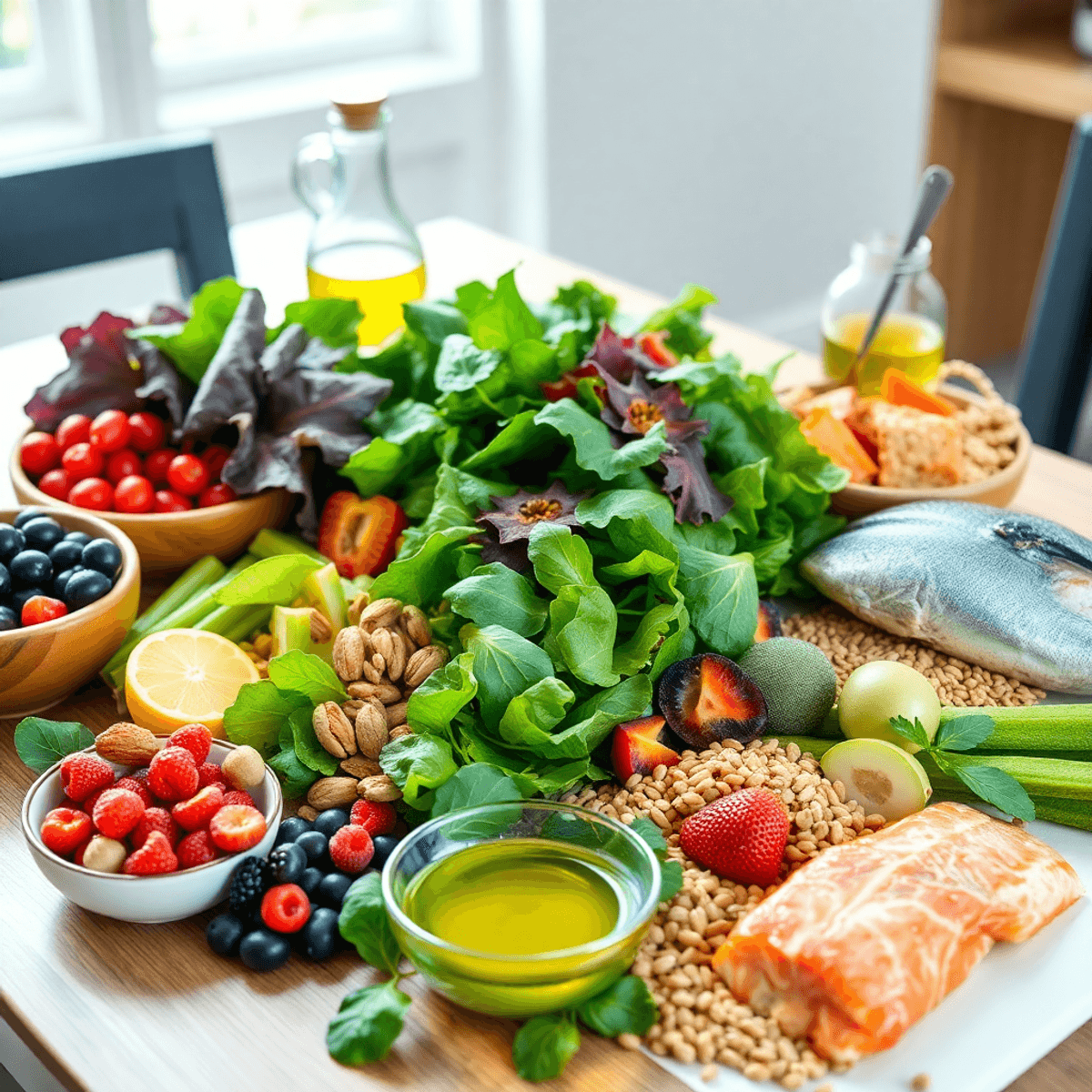 A vibrant spread of brain-healthy foods like leafy greens, berries, nuts, olive oil, fish, and whole grains on a wooden table in a bright setting.