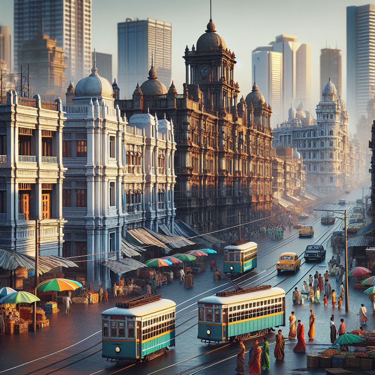 A cityscape of Kolkata, India, featuring a blend of historical and modern architecture, bustling streets, and diverse people.