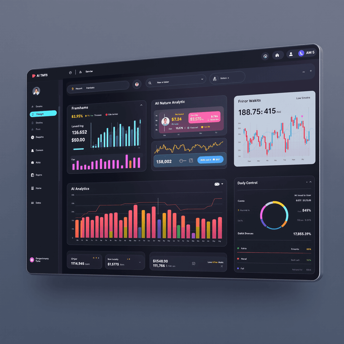 A sleek digital financial dashboard showing AI analytics, real-time charts, and futuristic tech icons on a clean, professional interface.
