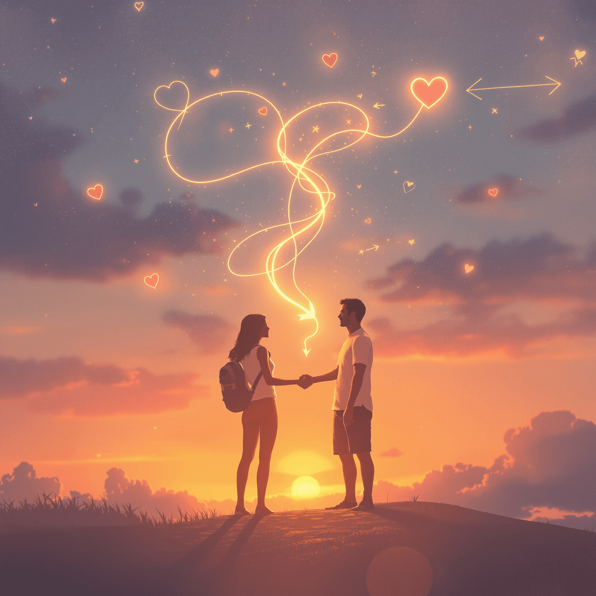Two people connected by a glowing thread against a sunrise background with floating hearts, symbolizing hope and connection in a long-distance relationship.