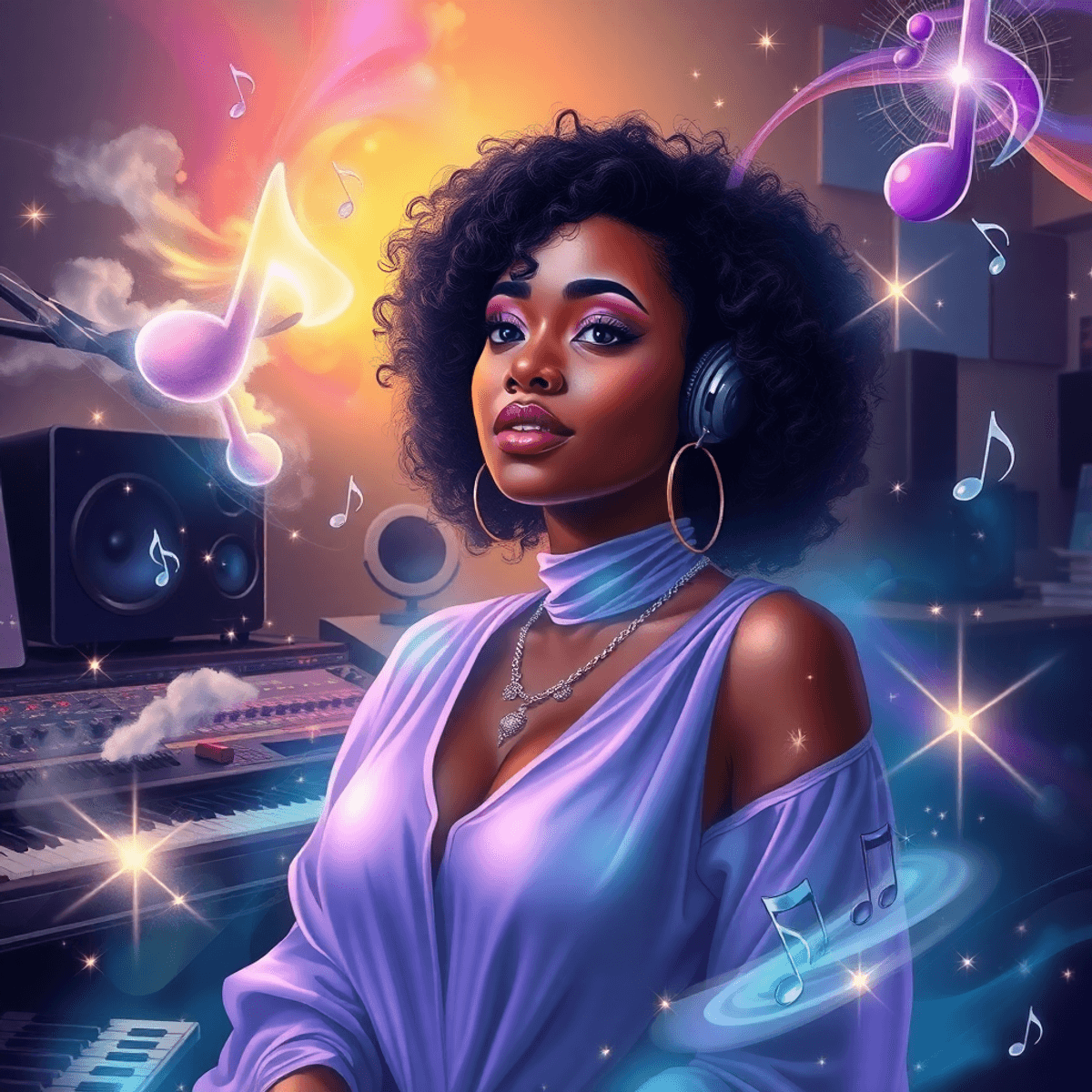 A female artist in a modern music studio, surrounded by ethereal light and abstract symbols. Musical notes blend with dreamlike visuals like clouds and stars, evoking creativity and spirituality.